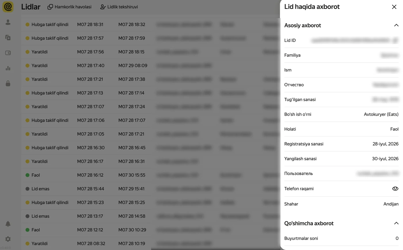 Nomzod kartochkasi: hubga yozilish sanasi va telefon raqami